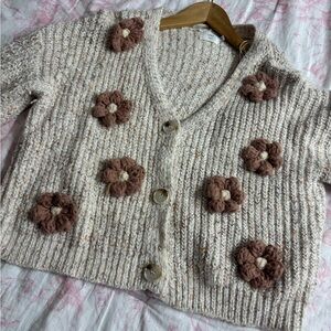 Floral Knit Cardigan Sweater - Cream and Pink
